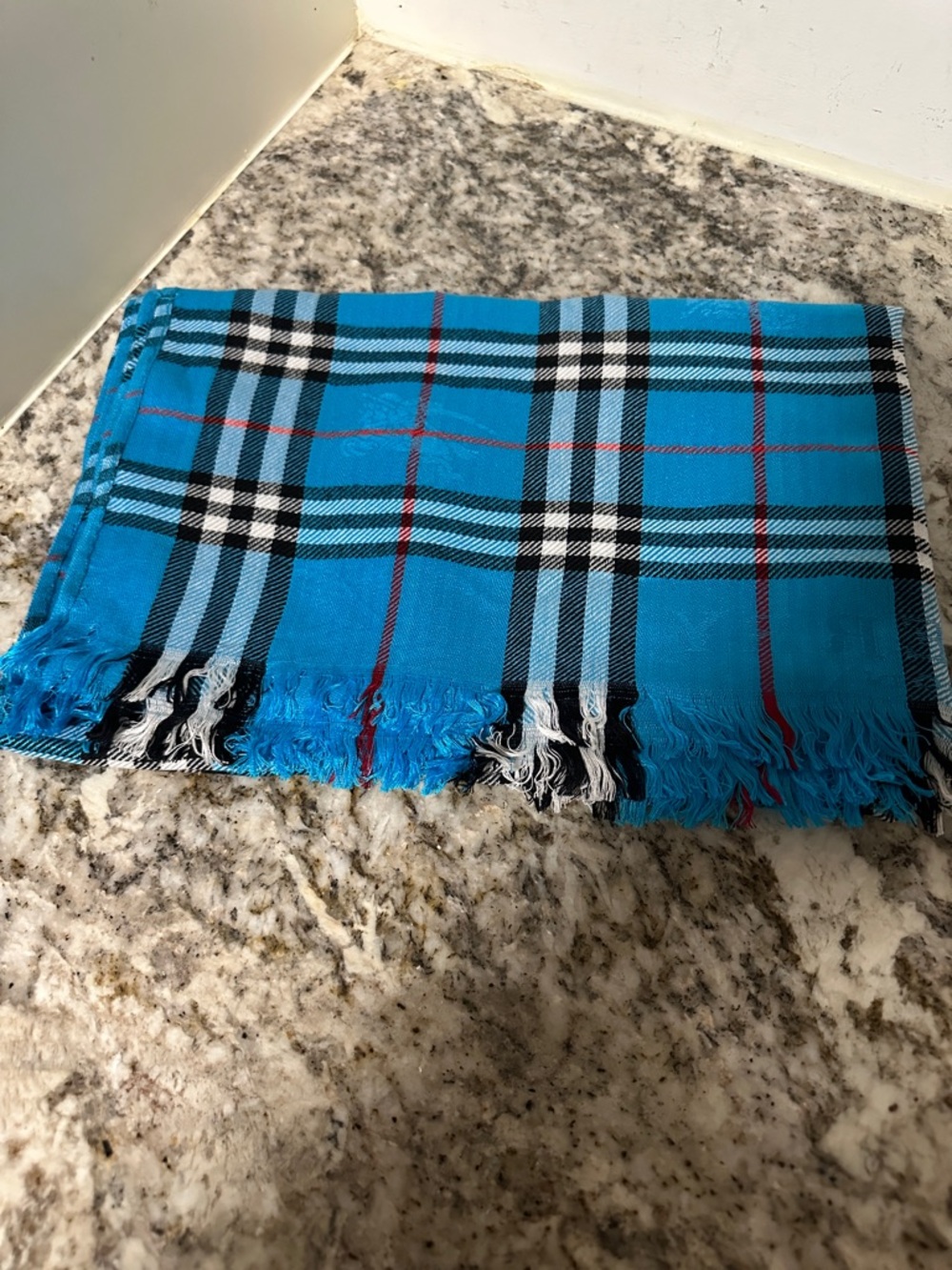 Burberry Blue Plaid Fringe Scarf. PREOWNED